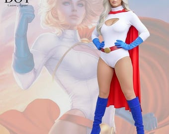 Disfraz de cosplay inspirado en Power Girl: mono blanco de superhéroe con capa roja y guantes azules