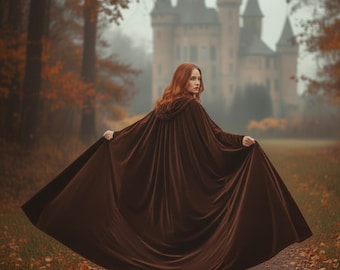 Burgundy Velvet Hooded Cape | Full Circle Train, Medieval Cloak
