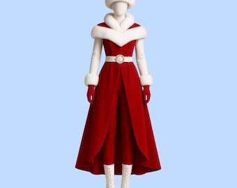Mrs. Claus Winter Queen Costume | Red Coat Dress, Faux Fur Trim
