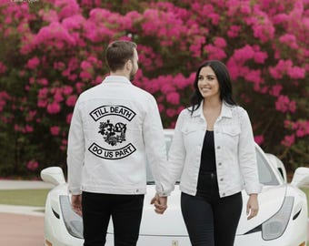 Braut & Bräutigam Passende Hochzeit Jacken | Bis der Tod uns scheidet Jeansjacken | Weihnachtsjacke | Hochzeits Outfit