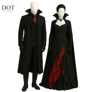 Gothic Vampire Costume Couple Set: Wool Coat & Gown - Halloween Cosplay