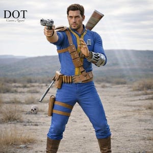 May include: A person wearing a blue jumpsuit with yellow accents, brown leather straps, and a matching belt. The person is holding a gun and a rifle is slung over their shoulder. The image includes the text "DOT Custom Apparel".