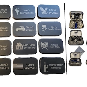 Gepersonaliseerde blikken doos voor het bewaren of cadeau doen van een USB-stick of andere kleine items. Beschrijving hieronder voor kant-en-klare kits.