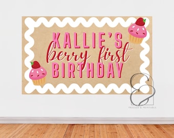 Berry First Birthday Printable Banner | Strawberry Party Decor | Editable Canva Template | Girl First Birthday Banner | Digital Download