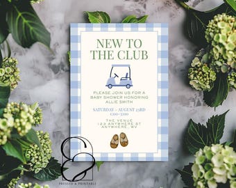 Golf thematische Babypartyeinladung | Bearbeitbare Canva Vorlage | Neu im Club Baby Shower Invite | Druckbares Sport-Thema für Jungen einladen
