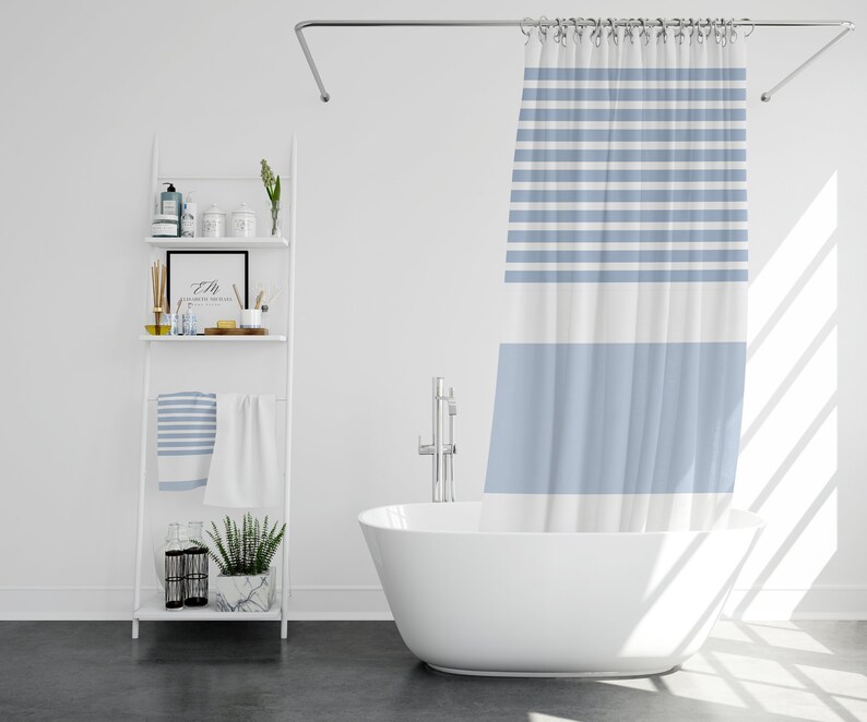 Ocean Striped Shower Curtain Blue Long Large Print Bath