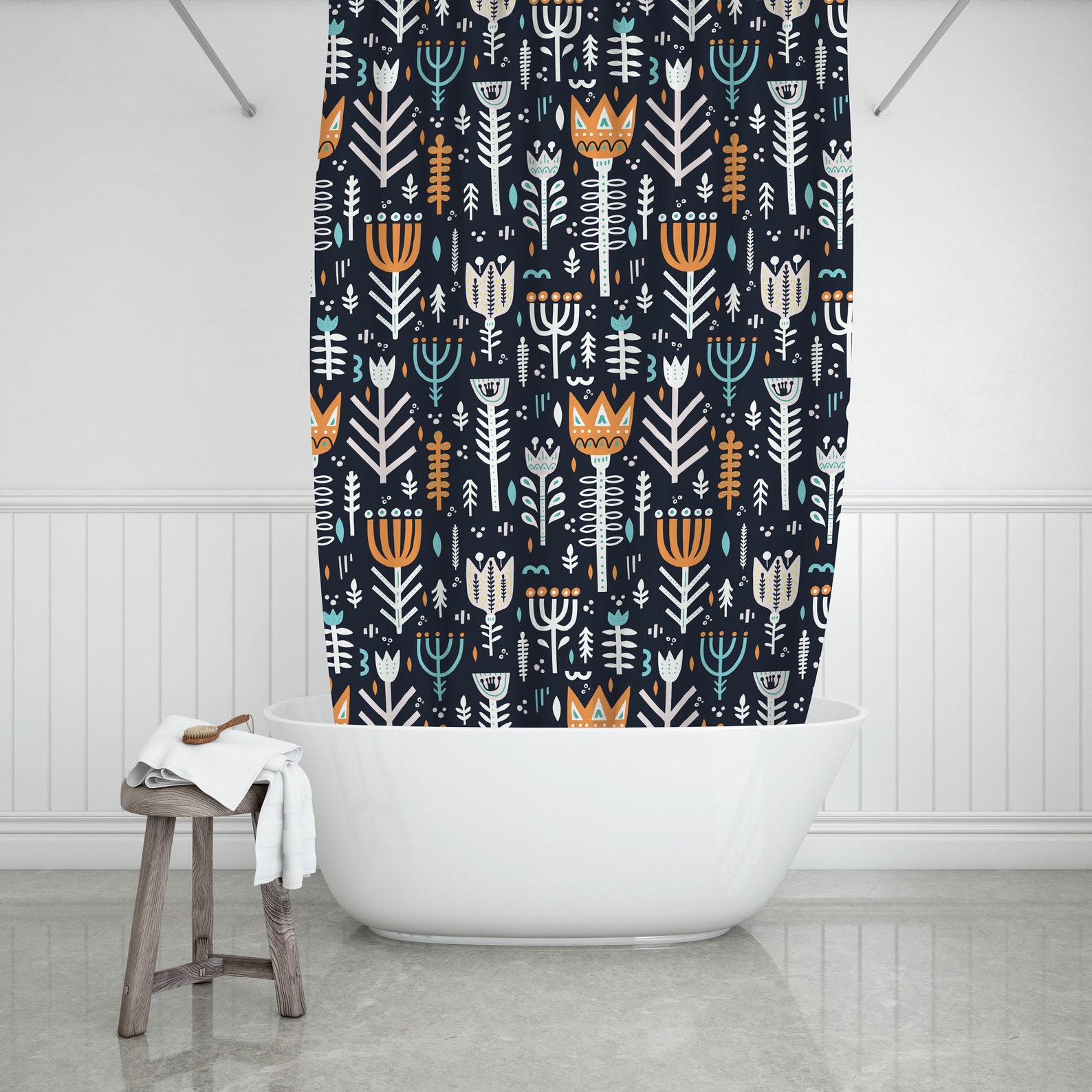 Navy Blue Shower Curtain Orange and Teal Damask Shower Etsy