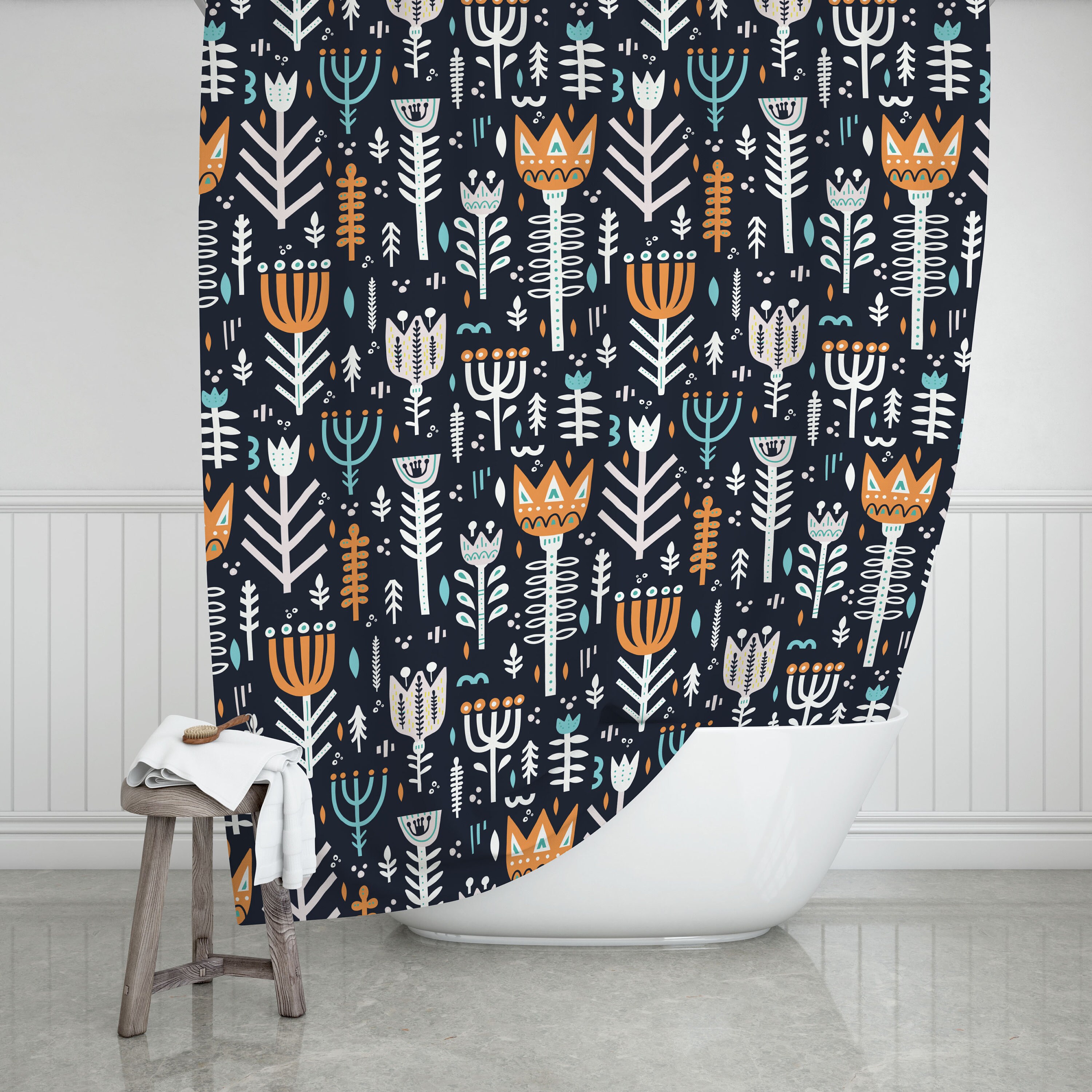 Navy Blue Shower Curtain Orange and Teal Damask Shower Etsy