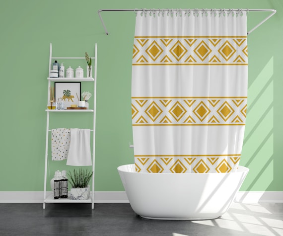 Yellow Geometric Shower Curtain Yellow Bath Curtain Geometric Etsy