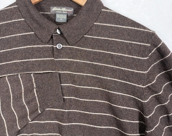 Eddie Bauer Męski sweter polo XL w brązowe paski z długim rękawem, 100% wełny merynosów, Y2K