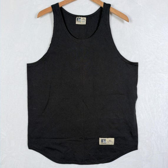 Russell Athletic, Vintage Russell Athletic Pro Cotton Tank Top Black XL Made in USA Curved Hem