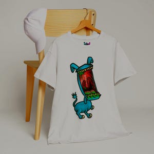 DTF Streetwear Graphic Tee | Monster Dog Art Shirt | Bold Urban Cartoon Design | Unique Blue Creature T-Shirt | Gift for Him or Her