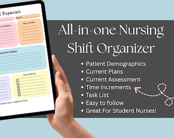 May include: A digital tablet displaying a printable nursing shift organizer with sections for patient demographics, current plans, assessments, a task list, and time increments. The text "Nursing Shift Organizer" is at the top of the tablet.