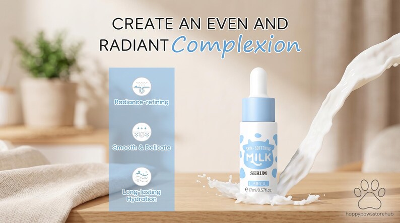 K&ouml;nnte beinhalten: Eine wei&szlig;e und blaue Serumflasche mit dem Text "Milk Serum" und einem Kuhmuster. Das Bild enth&auml;lt auch den Text "Erschaffen Sie einen ebenm&auml;&szlig;igen und strahlenden Teint". Ein Spritzer Fl&uuml;ssigkeit ist neben der Flasche zu sehen.