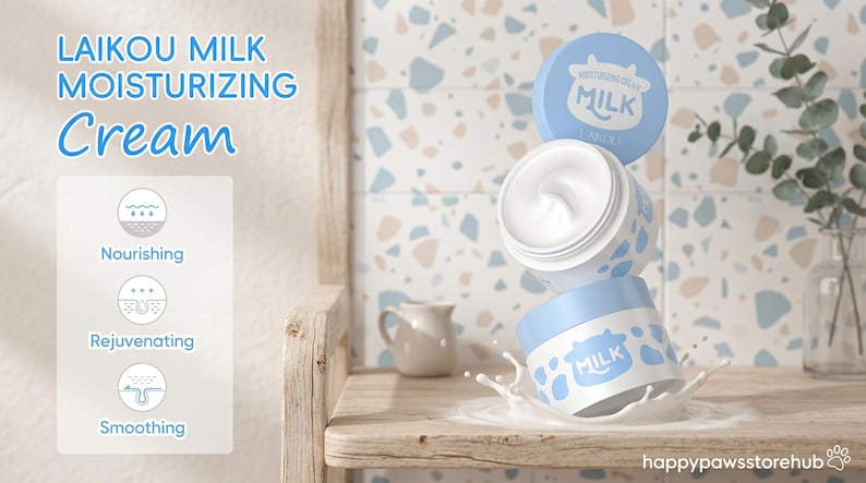 K&ouml;nnte beinhalten: LAIKOU Milk Feuchtigkeitscreme-Tiegel in hellblauem und wei&szlig;em Design. Die Tiegel sind gestapelt, einer ist ge&ouml;ffnet, um die wei&szlig;e Creme im Inneren zu zeigen. Der Text auf den Tiegeln lautet "Milk". Das Bild enth&auml;lt auch den Text "Nourishing, Rejuvenating, Smoothing".