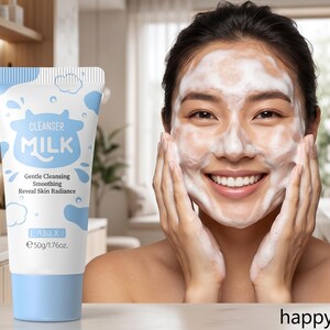 K&ouml;nnte beinhalten: Eine wei&szlig;e und blaue Tube Reinigungsmilch mit einer Kuhgrafik. Die Tube ist mit "Cleanser Milk" beschriftet und enth&auml;lt Text &uuml;ber sanfte Reinigung und Gl&auml;ttung. Eine Person mit schaumigem Gesicht l&auml;chelt im Hintergrund.