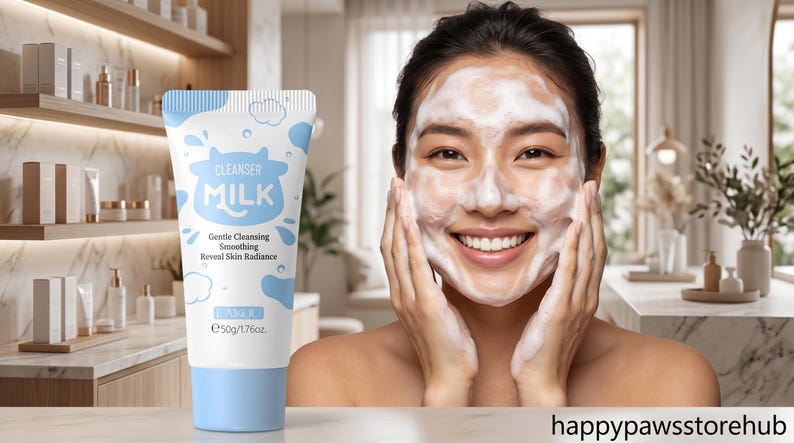 K&ouml;nnte beinhalten: Eine wei&szlig;e und blaue Tube Reinigungsmilch mit einer Kuhgrafik. Die Tube ist mit "Cleanser Milk" beschriftet und enth&auml;lt Text &uuml;ber sanfte Reinigung und Gl&auml;ttung. Eine Person mit schaumigem Gesicht l&auml;chelt im Hintergrund.