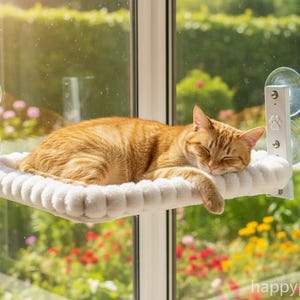 Puede incluir: Un gato atigrado naranja duerme plácidamente en una plataforma de ventana blanca y afelpada. La plataforma está sujeta a la ventana con ventosas. El fondo muestra un jardín soleado con flores coloridas.