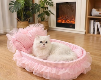 Söt spetsbädd för katter och små hundar, prinsesssoffa, mjuk plysch, oval, tvättbar året runt