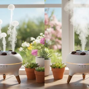 Peut inclure: Un diffuseur d'aromathérapie blanc au design unique, avec un corps rond et des pieds en bois. Il émet une vapeur qui forme des formes ressemblant à des méduses. Le diffuseur est entouré de succulentes en pot, créant une atmosphère apaisante.