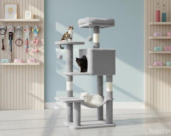 Großer Multi-Katzenbaum Turm | Natürlicher Sisal Kratzbaum | Stabile Indoor Katzen Klettermöbel
