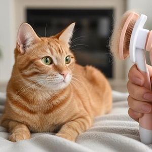 May include: An orange tabby cat with green eyes is lying on a gray blanket, looking to the side. A white and pink pet brush is held up to the cat, with a clump of fur on the brush. The background includes plants and a fireplace.