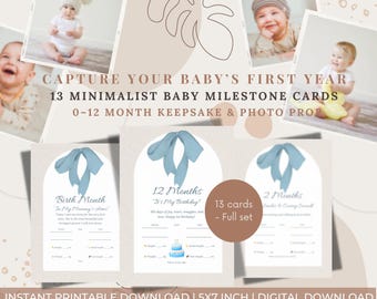 Baby Milestone Cards 0-12 Months | 13 Minimalist Keepsake Photo Props | Printable 5x7 Digital Download for Baby’s First Year