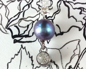 Grey Freshwater Pearl and Rhinestone Pendant Necklace