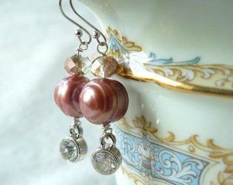 Blush Pearl and Rhinestone Drop Earrings