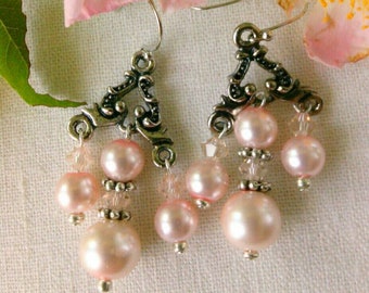 Tea Rose Pink Glass Pearl And Swarovski Crystal Earrings