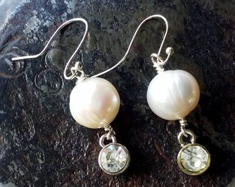 White Freshwater Pearl and Rhinestone Earrings