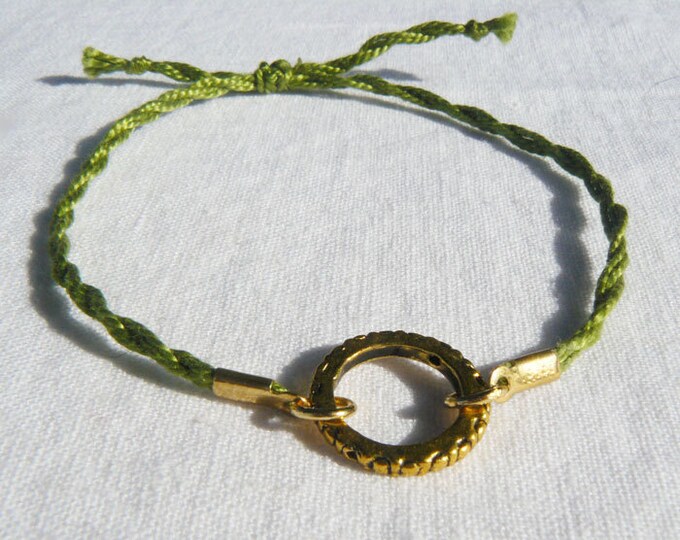 Green String Bracelet With Gold Accent Ring Etsy