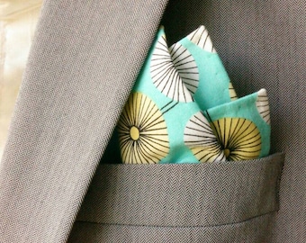 Aqua And White Modern Floral Cotton Pocket Square With Hand-Rolled Hems