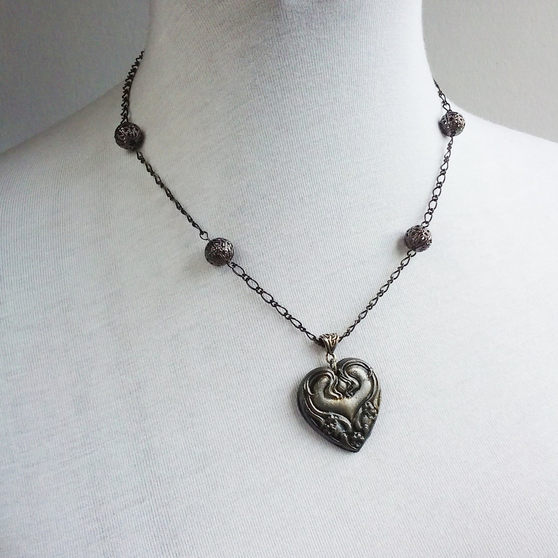 Virginia Polymer Clay Heart Necklace With Beaded Chain Etsy