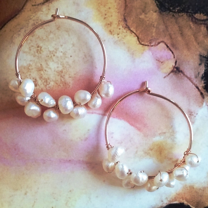 Double Hoop Freshwater Pearl Earrings Gold Filled – Statement Coastal Dangle Earrings main image 1