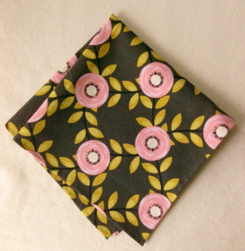 Rose and Charcoal Floral Print Cotton Pocket Square With Hand-rolled ...