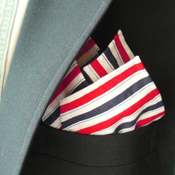 Red, White, and Navy Blue Striped Pocket Square with Hand-Rolled Hem