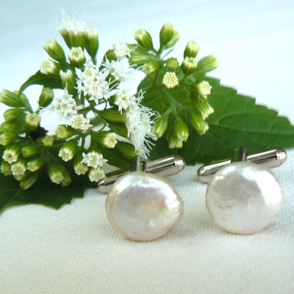 White Coin Pearl Cufflinks