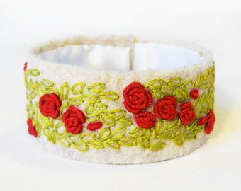 Red Roses Hand Embroidered Felt Cuff Bracelet