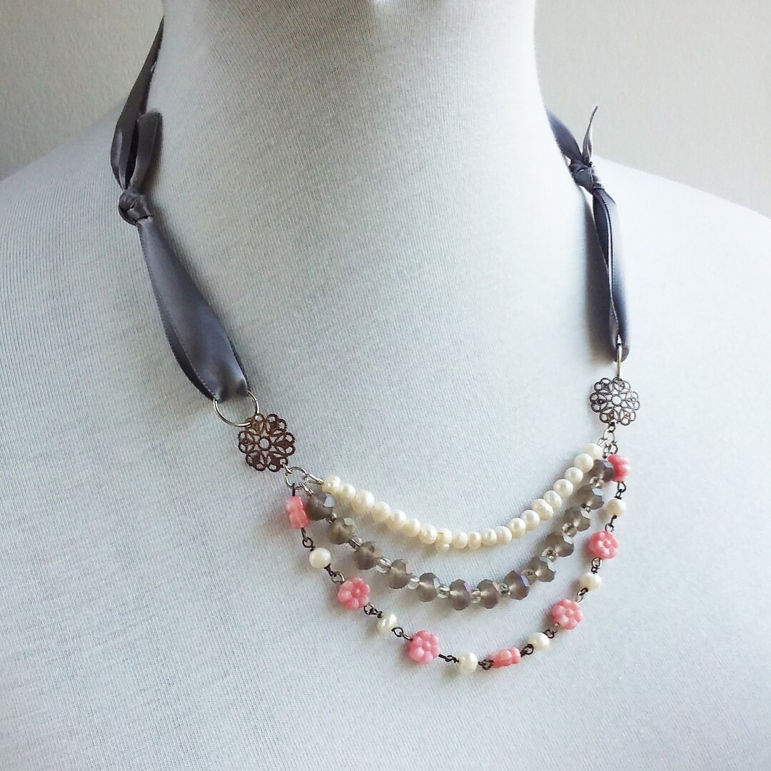 Pink Calico Glass Bead and Freshwater Pearl Necklace - Etsy