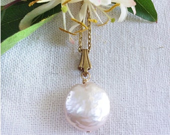 White Coin Pearl Necklace - Gold-Filled