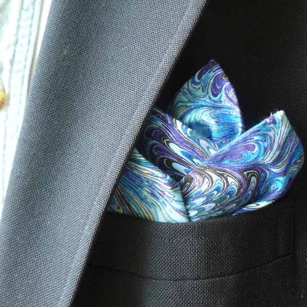 Blue Marbled Feather Print Cotton Pocket Square With Hand-Rolled Hem