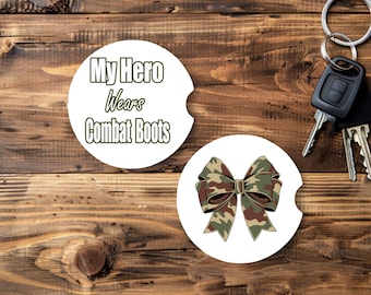 My Hero Wears Combat Boots Car Coaster | Army Girlfriend Gift | Military Spouse Gift | Army Mom Car Accessories Auto Coasters Set