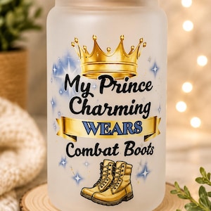 May include: A frosted glass jar with a wooden lid, featuring the text "My Prince Charming Wears Combat Boots" and a gold crown graphic. The jar is decorated with blue star accents and a pair of combat boot illustrations.