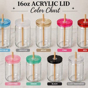 May include: A color chart of 16oz acrylic lid glasses with bamboo straws. The lids come in light blue, frosted, beige, pink, red, light pink, green, black, and clear transparent. The text "16oz ACRYLIC LID Color Chart" is at the top.