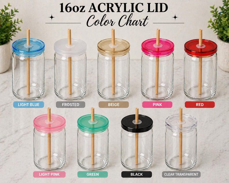 May include: A color chart of 16oz acrylic lid glasses with bamboo straws. The lids come in light blue, frosted, beige, pink, red, light pink, green, black, and clear transparent. The text "16oz ACRYLIC LID Color Chart" is at the top.