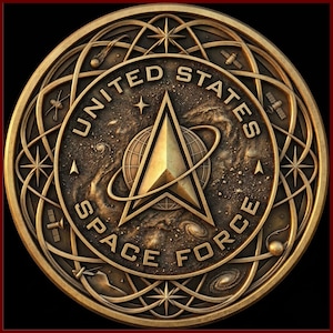 May include: A bronze-colored United States Space Force emblem. The circular design features the words "United States Space Force" around a central emblem of a star and a globe. The background depicts a cosmic scene with stars, planets, and galaxies.