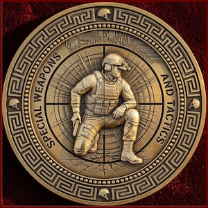 May include: A bronze-colored coin with a detailed relief of a soldier kneeling, holding a pistol. The coin's outer ring features the text "SPECIAL WEAPONS AND TACTICS" and a Greek key design. The soldier is wearing tactical gear.