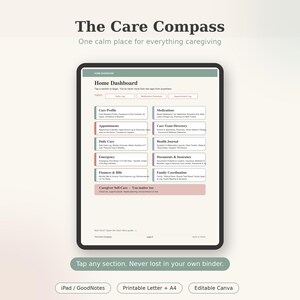 May include: A digital planner titled The Care Compass displayed on a tablet screen. The Home Dashboard interface features organised sections for care profiles, medications, appointments, health journals, finances, and caregiver self-care.