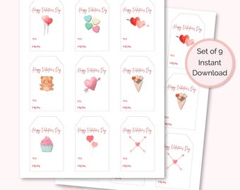 Valentine's Day Gift Tags, Printable, Minimalist Design Gift Tag Labels, Non Candy, Set of 9